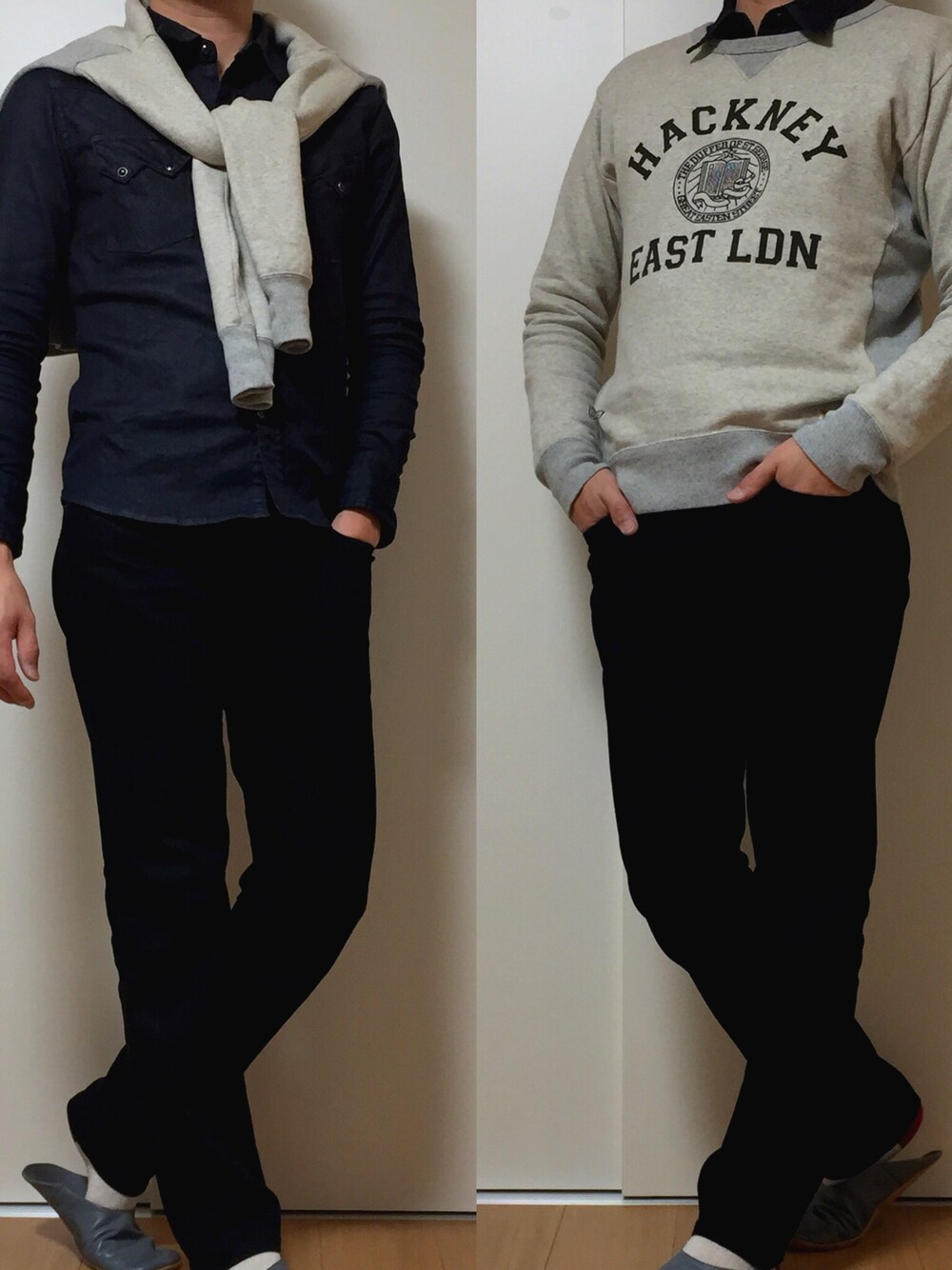 ベージュ系のスウェット、ブラック系のシャツ/ブラウス、ブラック系のデニムパンツを着用したメンズの春コーディネートの1枚目の写真