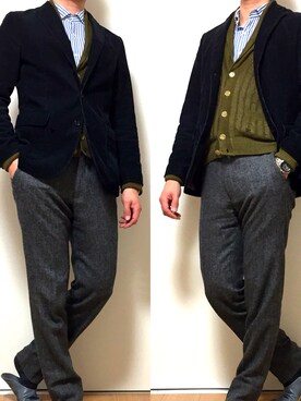 「アイテム（カーディガン/ボレロ、ブラウン系）」を使った、カタツムリさん（メンズ・182cm）の春コーディネート