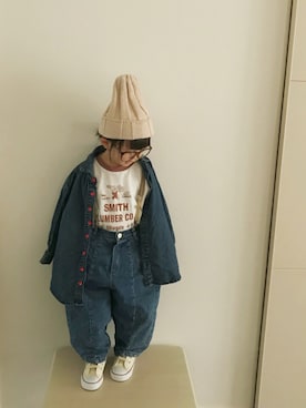 「デニムシャツワンピース」｜「アイテム（その他）」を使った、kotoさん（キッズ・90cm）の春コーディネート