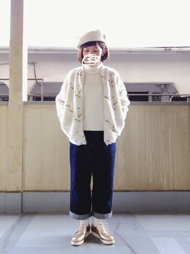 「マムジーンズ」｜「アイテム（ハンチング/ベレー帽）」を使った、はぐさん（レディース・146cm）の冬コーディネート