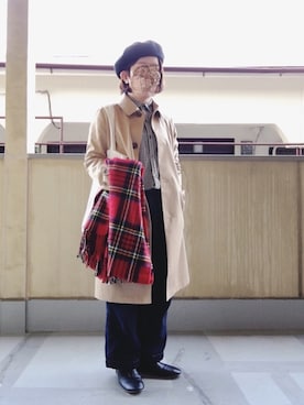「チェックマフラー」｜「アイテム（ハンチング/ベレー帽）」を使った、はぐさん（レディース・146cm）の冬コーディネート