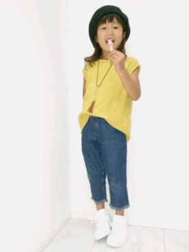 「CIAOPANIC TYPY（チャオパニックティピー）の【ママとお揃い】キッズワッフルノースリーブTee（Tシャツ/カットソー、イエロー系）」を使った、nikaさん（キッズ・120cm）の秋コーディネート