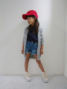 「GLOBAL WORK（グローバルワーク）の【キッズ】カラーツイルキャップ/741725（キャップ、レッド系）」を使った、nikaさん（キッズ・120cm）の秋コーディネート
