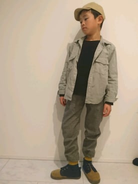 「GLOBAL WORK（グローバルワーク）の【キッズ】ピグメントチビツバＣＡＰ/800676（キャップ、ベージュ系）」を使った、nikaさん（キッズ・120cm）の冬コーディネート