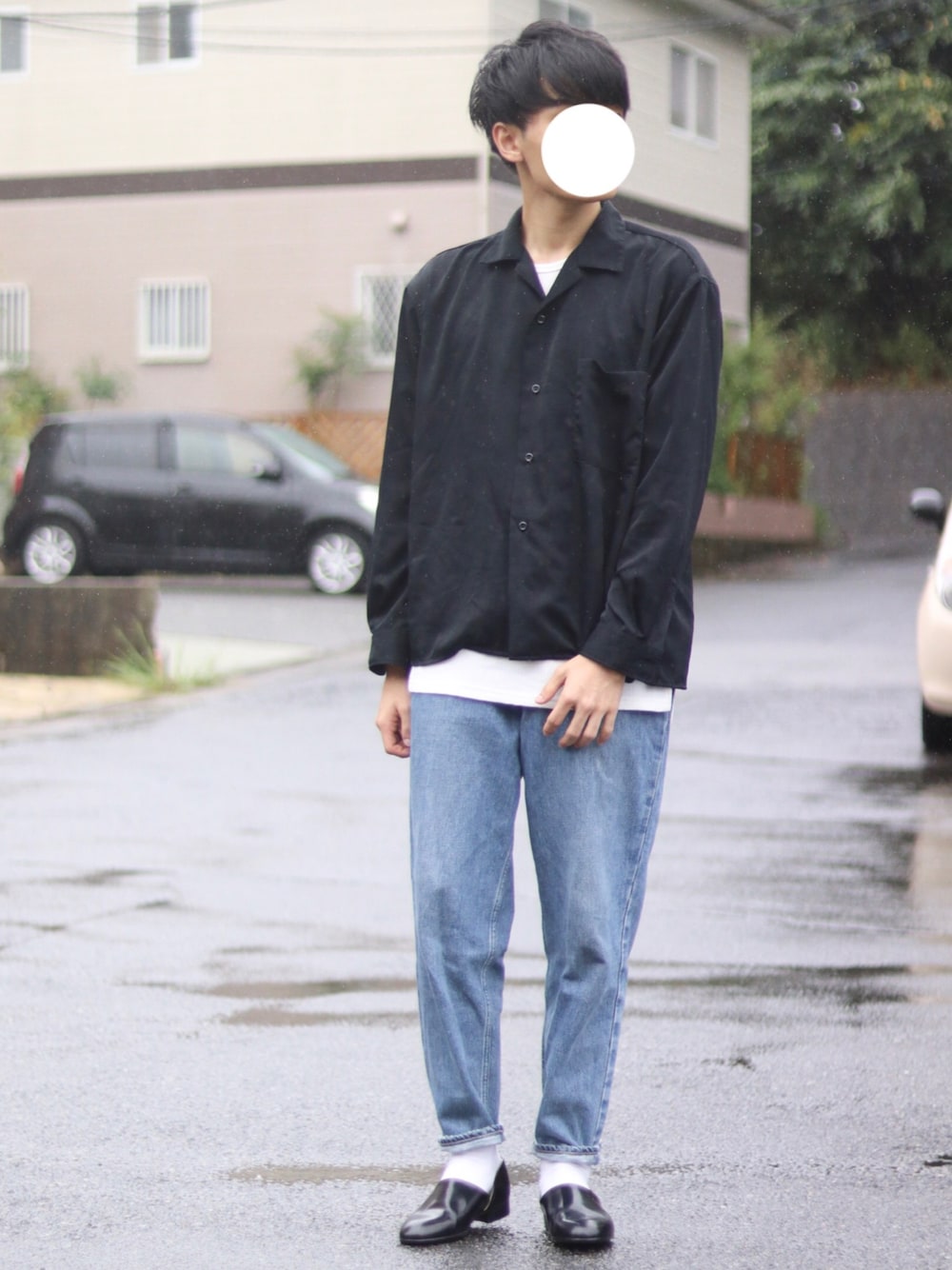 「オープンカラーシャツ」｜「HAREのサテンカイキンシャツ（HARE)（シャツ/ブラウス、ブラック系）」を使った、ponさん（メンズ・168cm）の秋コーディネートの1枚目の写真