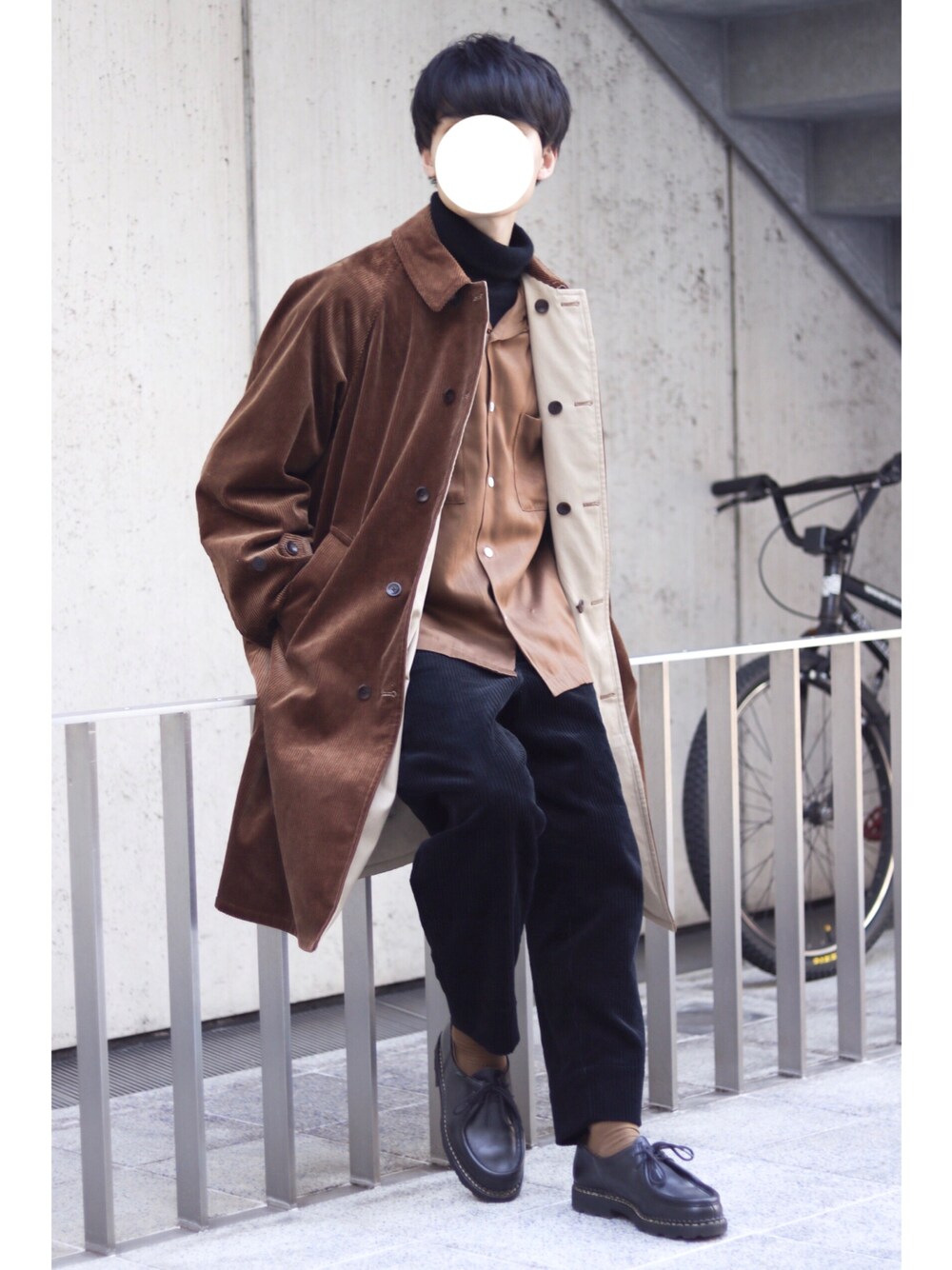 「コーデュロイ、コーデュロイパンツ、オープンカラーシャツ」｜「Steven Alanの＜Steven Alan＞ 8WALE CORDUROY REVER BALCOLLAR COAT/ｺｰﾄ（ステンカラーコート、ブラウン系）」を使った、ponさん（メンズ・168cm）の秋コーディネートの1枚目の写真