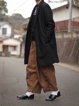 「LIDNM（リドム）のアイテム（チェスターコート）」を使った、ponさん（メンズ・168cm）の春コーディネート