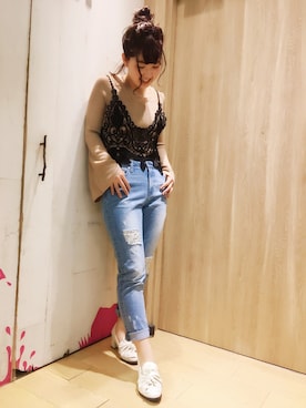 「archives（アルシーヴ）のダメージデニムパンツ（デニムパンツ）」を使った、おがさん（レディース・155cm）の冬コーディネート