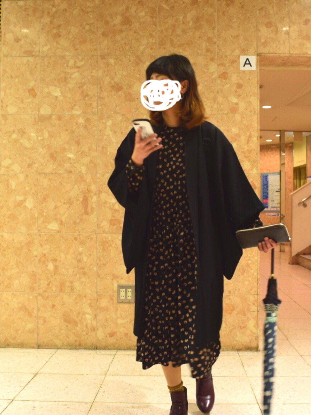 「羽織り、着物、和洋ミックス、和服、ワンピース、柄ワンピース、古着、黒、雨」｜「羽織りのアイテム（浴衣、ブラック系）」を使った、ゆっちゃんさん（レディース・154cm）の春コーディネートの1枚目の写真