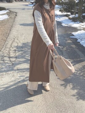 「w closet（ダブルクローゼット）のスクエアトゥブーツ（ブーツ）」を使った、リンゴさん（レディース・156cm）の冬コーディネート