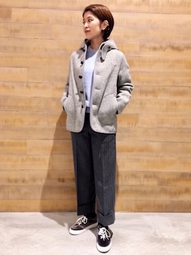 「DANTON（ダントン）の【DANTON】ウールモッサ シングルフードジャケット WOMEN（その他アウター）」を使った、BSHOPみなとみらいスタッフさん（レディース・155cm）の秋コーディネート