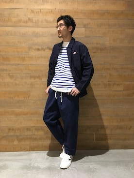 「マリン」｜「アイテム（カバーオール）」を使った、BSHOPみなとみらいスタッフさん（メンズ・173cm）の春コーディネート