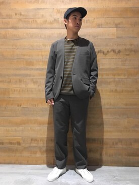 「unfil」｜「アイテム（ノーカラージャケット）」を使った、BSHOPみなとみらいスタッフさん（メンズ・175cm）の秋コーディネート