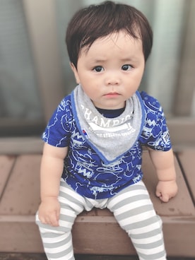 「アイテム（スタイ/よだれかけ、グレー系）」を使った、HYHAmamさん（キッズ・80cm）の夏コーディネート