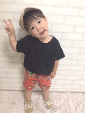 「no brand（ノーブランド）のアイテム（キャスケット）」を使った、HYHAmamさん（キッズ・90cm）の夏コーディネート