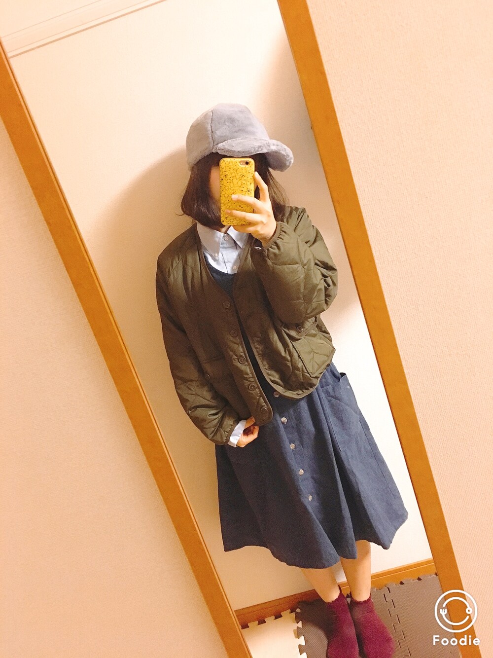 「古着、古着MIX、used、used mix、ラルフローレン、Ralph Lauren、ファーキャップ、キャップ、キルトジャケット、もこもこ」｜「しまむらのアイテム（ジャケット/アウター、グリーン系）」を使った、まっちゃんさん（レディース・157cm）の秋コーディネートの1枚目の写真
