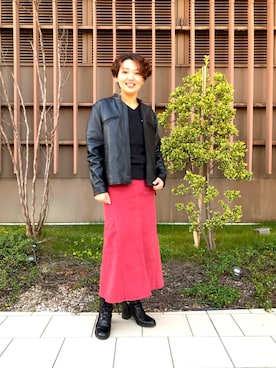 「Vネック」｜「アイテム（ライダースジャケット）」を使った、みーちゃんさん（レディース・164cm）の秋コーディネート