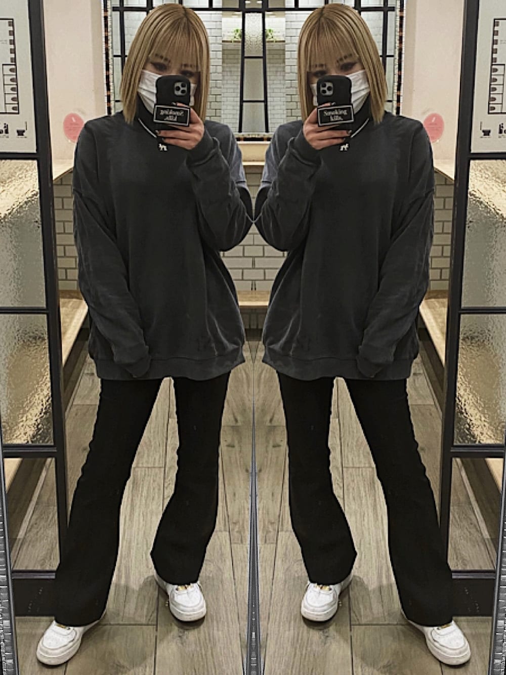 「SHAGGIE、GRL、NIKE、AIR FORCE 1、vidakush、美容師アシスタント」｜「SHAGGIEの【SHAGGIE】ピグメントクルーネックスエット（スウェット、グレー系）」を使った、83code83さん（レディース・161cm）の冬コーディネートの1枚目の写真