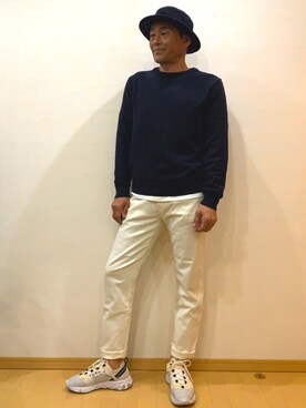 「神戸堂のアイテム（ハット、ブルー系）」を使った、okagolさん（メンズ・168cm）の春コーディネート