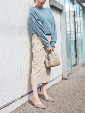 「袖ボリューム」｜「アイテム（スウェット）」を使った、Roomy'sさん（レディース・156cm）の春コーディネート