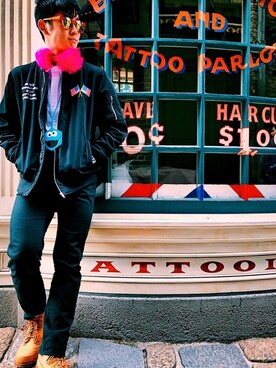 「Right-on（ライトオン）のアイテム（ブルゾン、ブラック系）」を使った、SOUICHIROUさん（メンズ・174cm）の春コーディネート