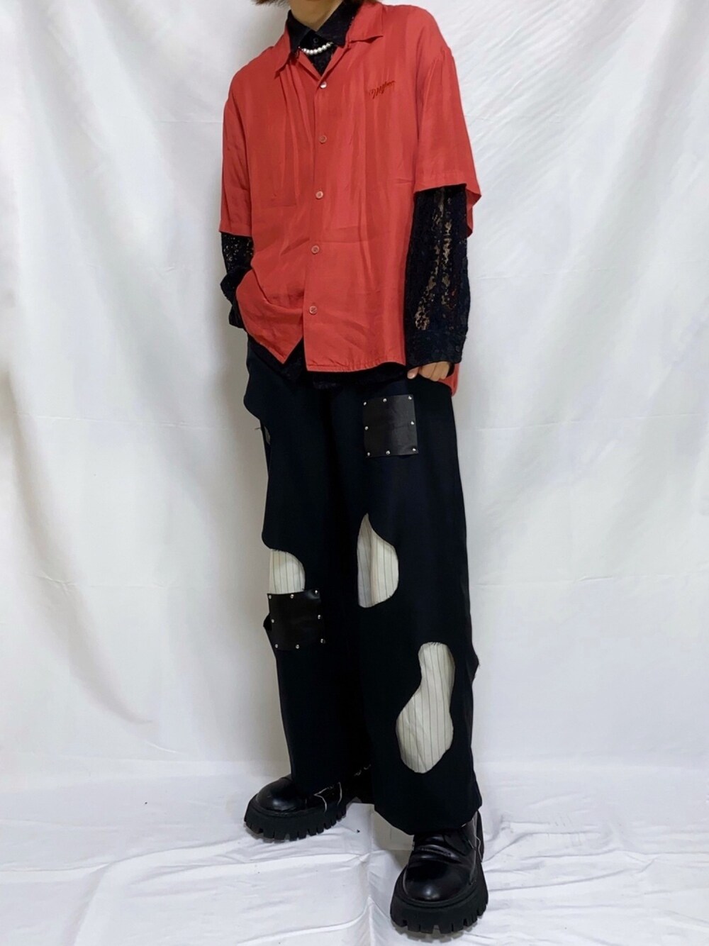 「今日のコーデ、休日スタイル、ootd、夏コーデ、ビックシルエット、ストリートコーデ、シャツスタイル、オープンカラーシャツ、甘辛mix、これが私をアゲる服」｜「MYneのアイテム（シャツ/ブラウス、オレンジ系）」を使った、kotarouuuunさん（メンズ・178cm）の春コーディネートの1枚目の写真