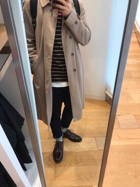 「バスクシャツ」｜「アイテム（ステンカラーコート）」を使った、いっちーさん（メンズ・161cm）の春コーディネート