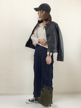 「Vネック」｜「アイテム（ライダースジャケット）」を使った、nonさん（レディース・160cm）の秋コーディネート