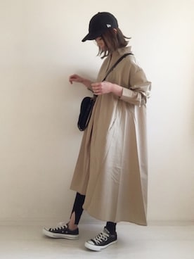 「ベージュ×ブラック」｜「アイテム（シャツワンピース）」を使った、nonさん（レディース・160cm）の春コーディネート