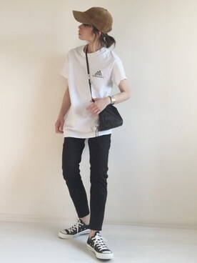 「ZOZO（ゾゾ）のスリムテーパードデニムパンツ（パターンオーダー）／ブラック［WOMEN］（デニムパンツ）」を使った、nonさん（レディース・160cm）の夏コーディネート