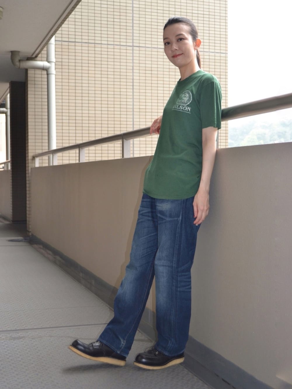 「Tシャツ、Levi's、RED WING、緑、古着、デニム、ブーツ、夏コーデ、ストリート、I LOVE GREEN DAY♡」｜「JERZEESのアイテム（Tシャツ/カットソー、グリーン系）」を使った、歩さん（レディース・167cm）の夏コーディネートの1枚目の写真