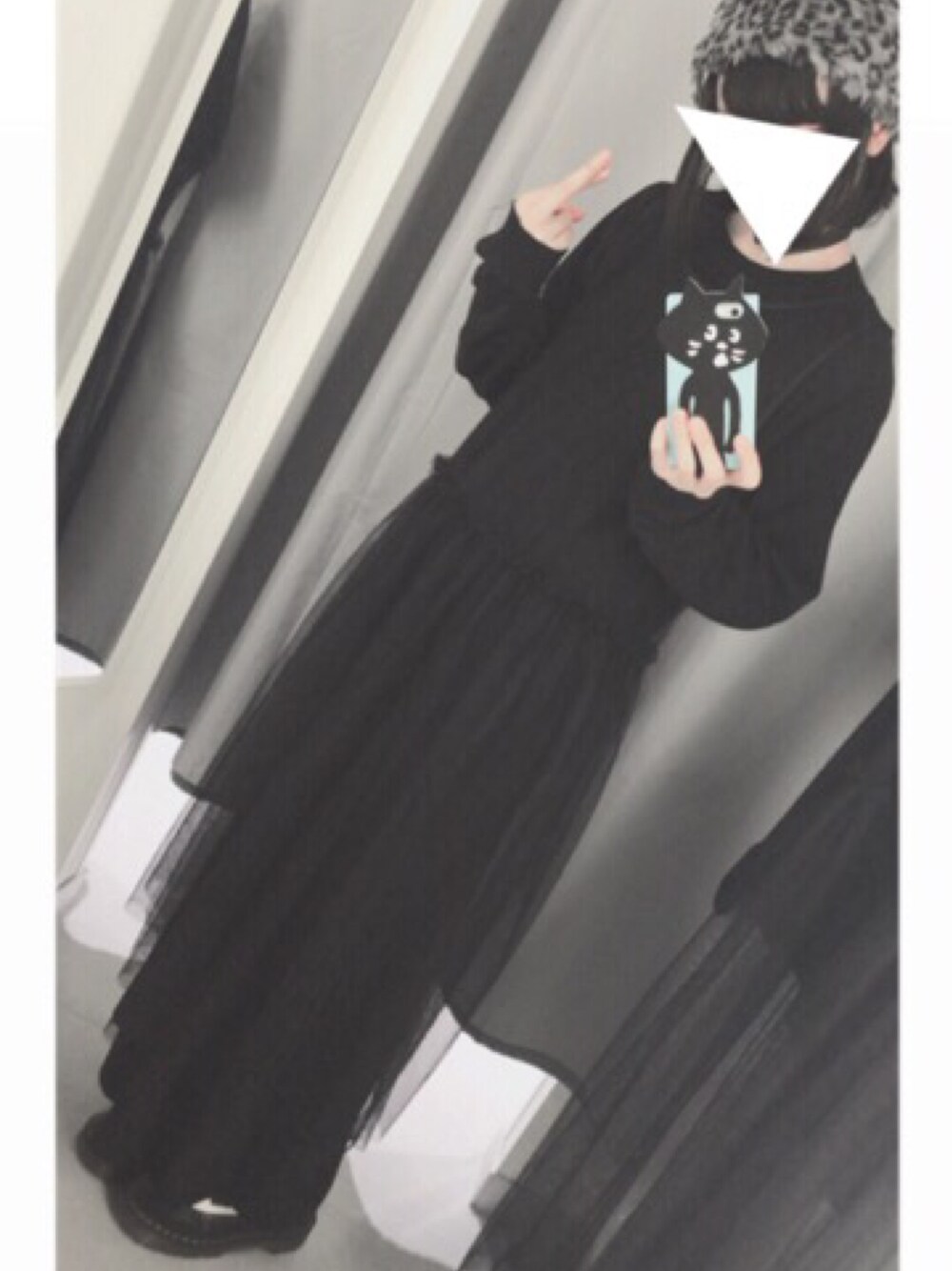 「オールブラック、ワンピース、ガウチョパンツ、GU、もこもこ、ひょう柄、レオパード、Dr.Martens、H&M、黒」｜「GUのアイテム（スウェット、ブラック系）」を使った、もあさん（レディース・164cm）の冬コーディネートの1枚目の写真