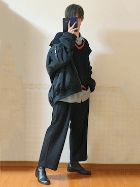 「ニットベスト」｜「アイテム（MA-1）」を使った、よっしーさん（メンズ・180cm）の冬コーディネート
