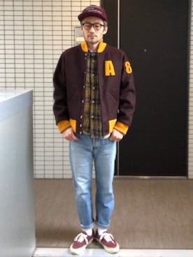 「ネルシャツ」｜「アイテム（スタジャン）」を使った、toshiさん（メンズ・168cm）の冬コーディネート
