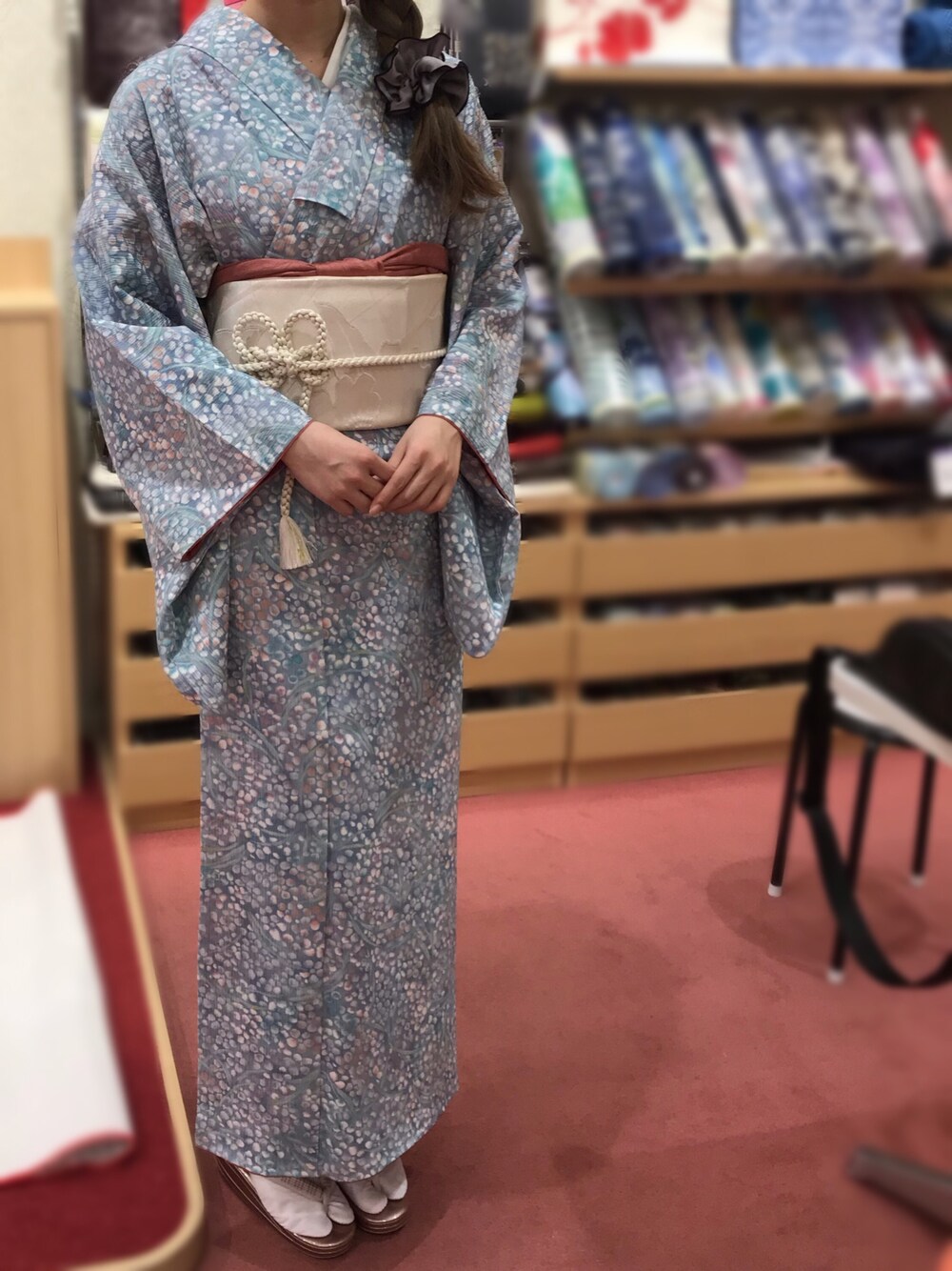 「アンティーク着物、古着、ハート帯締め、和装、きもののやまと、着付け、水色×ピンク、ＧＷ、こどもの日、着物コーデ」｜「古着のアイテム（浴衣、ブルー系）」を使った、na nさん（レディース・165cm）の春コーディネートの1枚目の写真