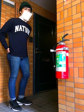 「アイテム（スウェット、ブルー系）」を使った、Hirokiさん（メンズ・172cm）の冬コーディネート