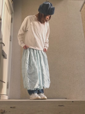 「中田商店のアイテム（帽子、ブルー系）」を使った、nagisaさん（レディース・168cm）の冬コーディネート