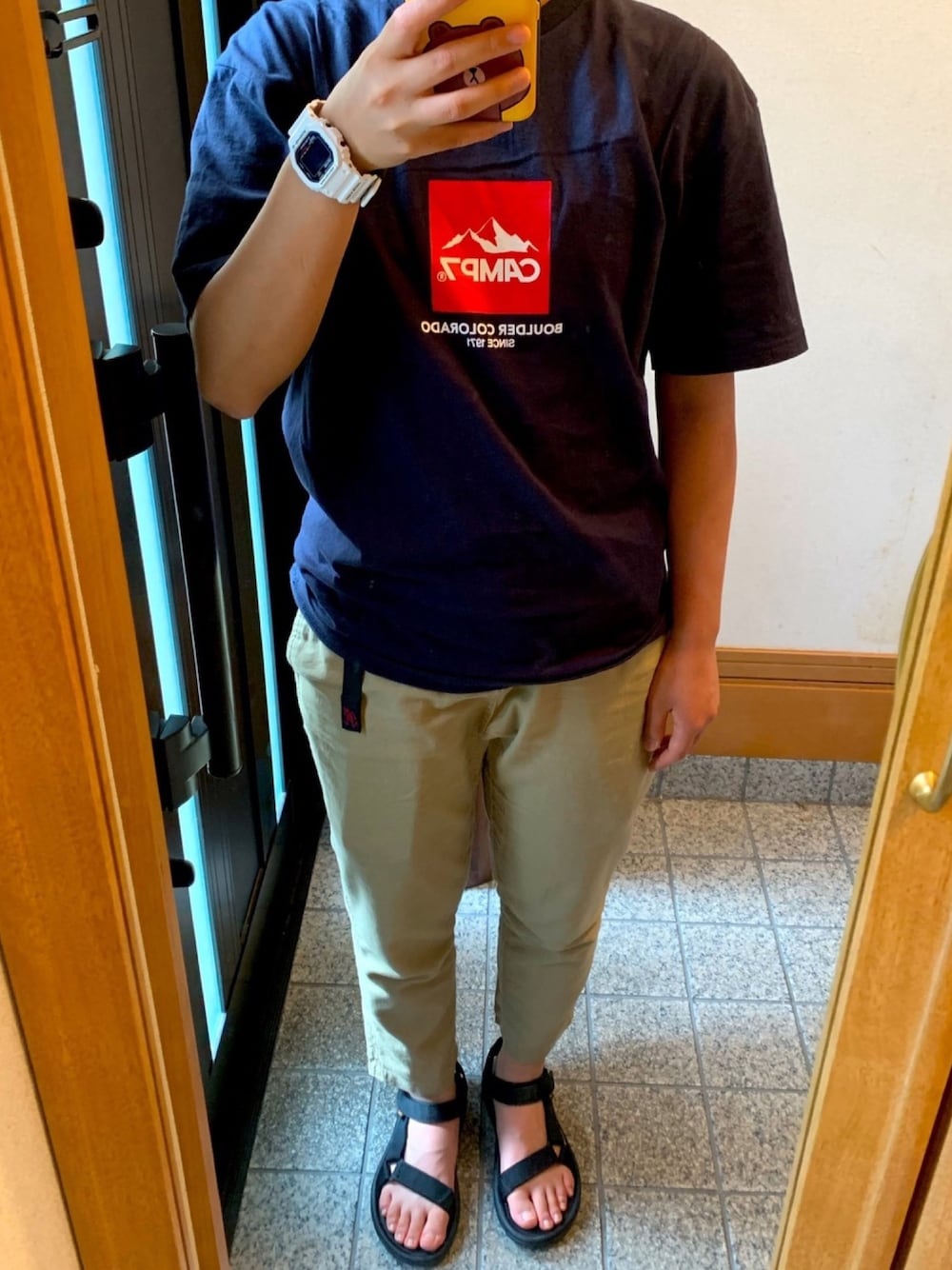「夏だ！Tシャツ着よう！、シンプルコーデ、CAMP7、GRAMICCI、teva」｜「CAMP7のアイテム（Tシャツ/カットソー、ブルー系）」を使った、Pipioさん（レディース・160cm）の夏コーディネートの1枚目の写真