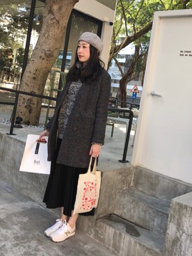 「AIR SPACE（エアースペース）のアイテム（ノーカラージャケット）」を使った、Monica!!さん（レディース・165cm）の冬コーディネート