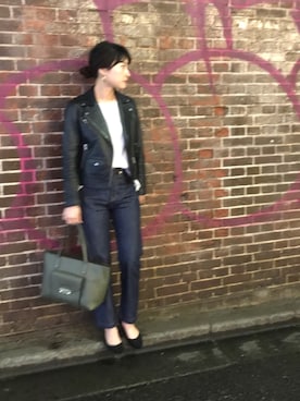 「green label relaxing（グリーンレーベルリラクシング）のアイテム（ライダースジャケット）」を使った、Sakiさん（レディース・164cm）の春コーディネート