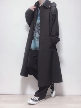 「柄シャツ」｜「アイテム（ステンカラーコート）」を使った、ただしさん（メンズ・170cm）の冬コーディネート