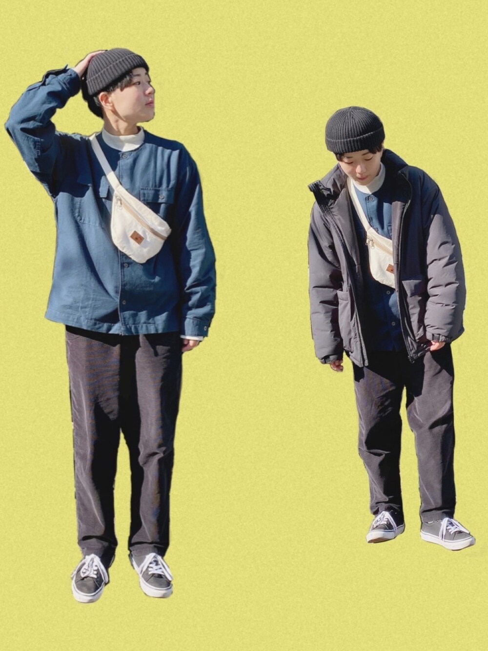 「シンプル、GU、ゆるコーデ、オーバーサイズ、無印良品、VANS、古着、コーデュロイパンツ、モックネック」｜「SENSE OF PLACE by URBAN RESEARCHのコットンリネンリブニットワッチ（ニットキャップ/ビーニー、ブラック系）」を使った、よさん（メンズ・160cm）の冬コーディネートの1枚目の写真