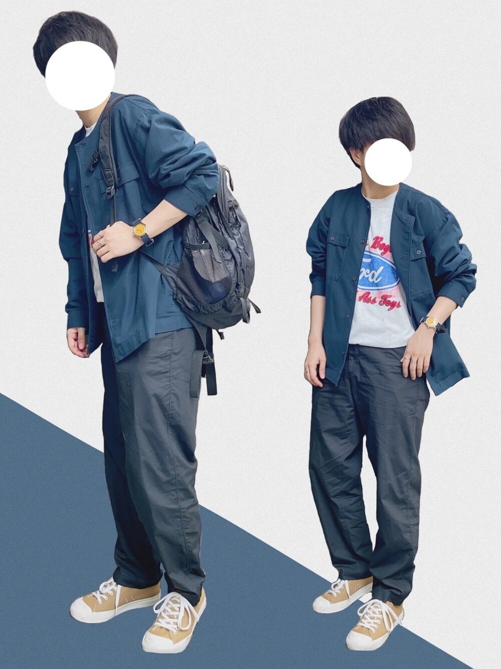 「シンプルコーデ、ゆるコーデ、オーバーサイズ、古着MIX、古着コーデ、ストレートパンツ、無印良品、ユニクロ、ノーカラージャケット、春コーデ」｜「無印良品のアイテム（トップス、ブルー系）」を使った、よさん（メンズ・160cm）の春コーディネートの1枚目の写真