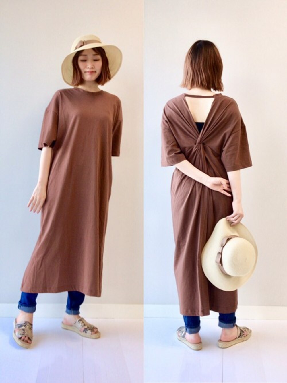 ブラウン系のワンピース、ブルー系のデニムパンツ、その他のサンダルを着用したレディースの春コーディネートの1枚目の写真