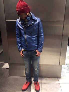「アイテム（ライダースジャケット、ブルー系）」を使った、Kouichiさん（メンズ・168cm）の冬コーディネート