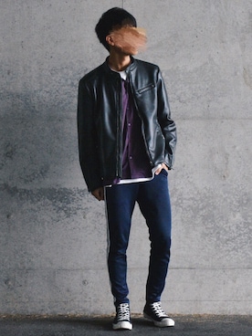 「BACK NUMBER（バックナンバー）のアイテム（ライダースジャケット）」を使った、Michi さん（メンズ・176cm）の秋コーディネート