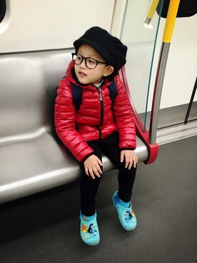 「T.blocksのアイテム（ダウンジャケット/コート、レッド系）」を使った、twiggysung さん（レディース・153cm）の冬コーディネート
