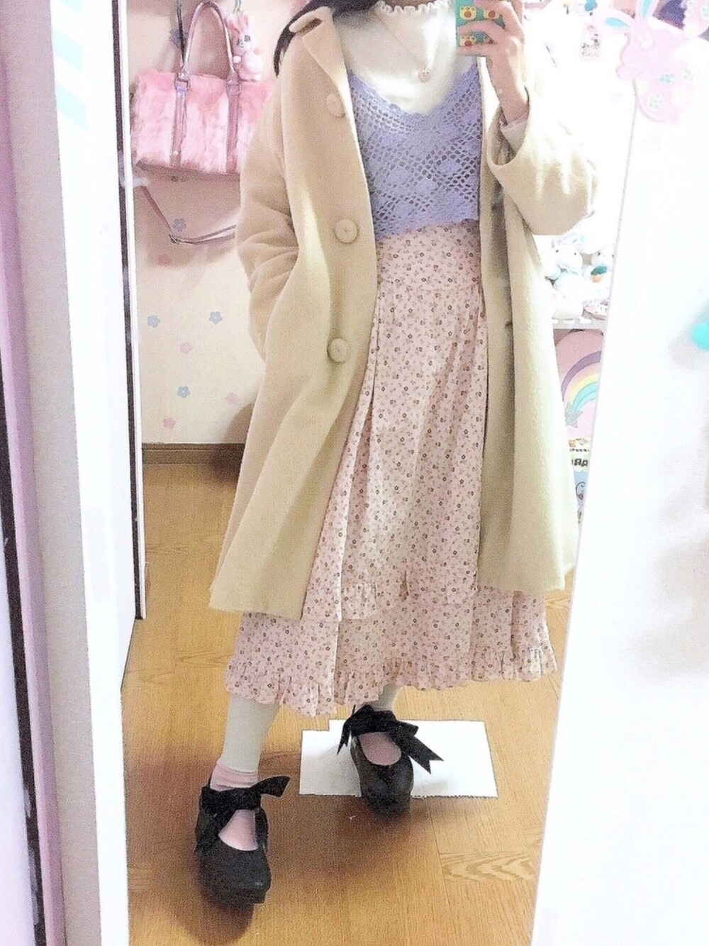 「ガニーサックス、GUNNE SAX、古着、古着好きな人と繋がりたい、古着女子、タートルネック、ヴィンテージ、ガーリー、パステルカラー、Tokyo bopper」｜「GUのアイテム（ニット/セーター、ホワイト系）」を使った、めr8さん（レディース・151cm）の春コーディネートの1枚目の写真