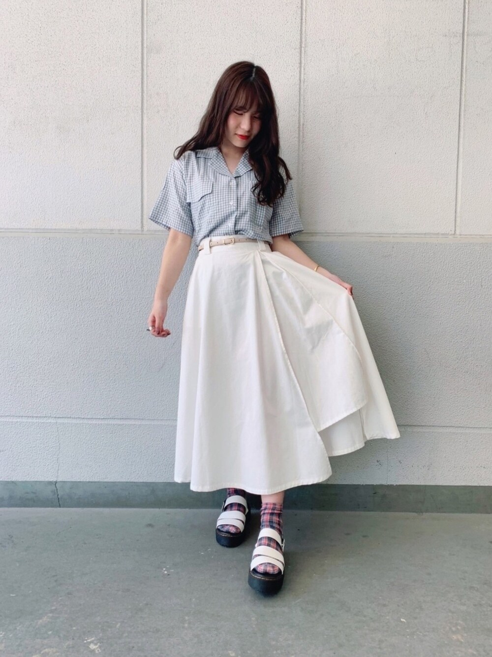 「夏、大人カジュアル、シンプル、プチプラコーデ、おしゃれさんと繋がりたい、いいね、save、フォローお願いします🤑、ホワイト、カジュアルコーデ、春夏コーデ、ロングスカート」｜「WEGOのWEGO/【セットアップ対応商品】チェックリネンタッチオープンカラーシャツ（シャツ/ブラウス、ブルー系）」を使った、˙˚ʚErikaɞ˚˙さん（レディース・157cm）の夏コーディネートの1枚目の写真