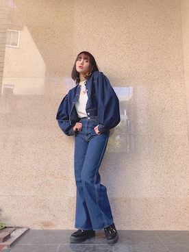 「レトロ」｜「アイテム（デニムジャケット）」を使った、Rina Takahashiさん（レディース・165cm）の春コーディネート